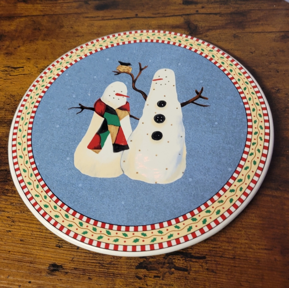Sakura Debbie Mumm ceramic snowman trivet-blue/white